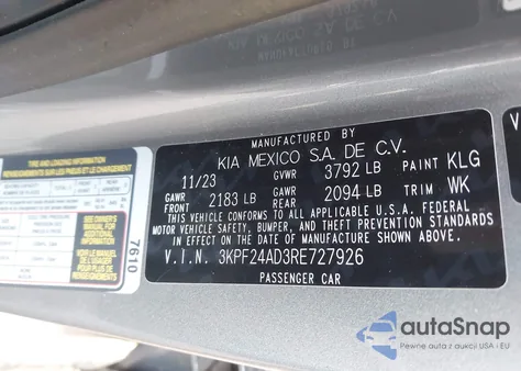 2024 Kia Forte Lxs z USA, uszkodzony, nr VIN 3KPF24AD3RE727926